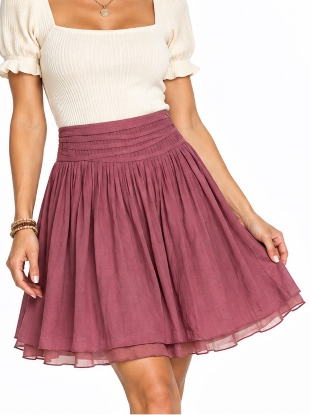 Sundance Dusty Rose Pleated Cotton Boho Skirt Sheer Hem 10P Western Romantic